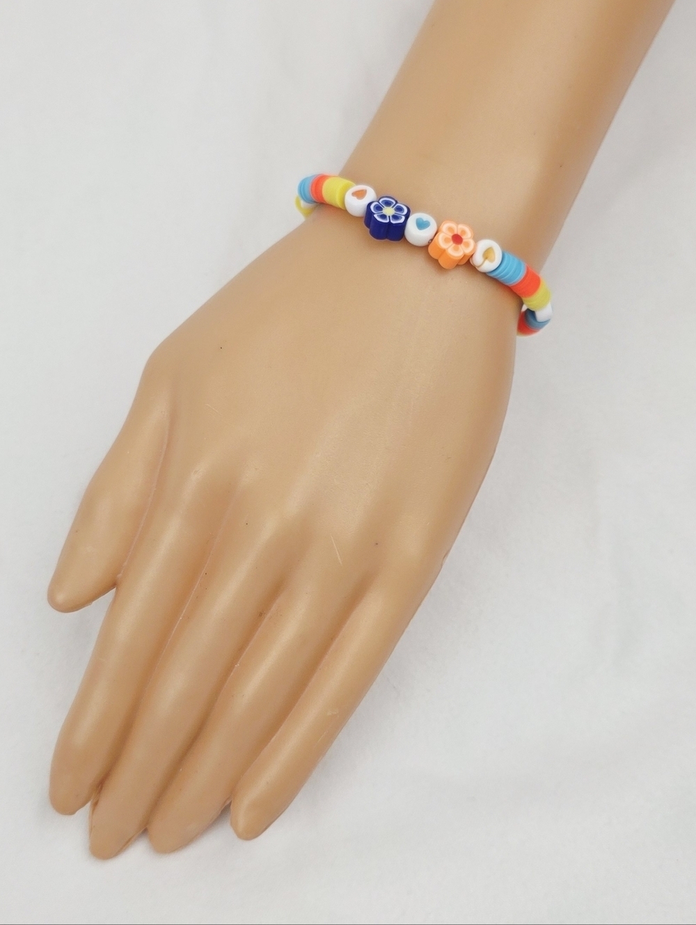 Handmade Clay Bead Multi Color Flower Heart Bracelet